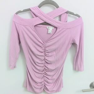 Pink Cold-Shoulder Cutout 3/4 Sleeve Ruched Shirt XS
